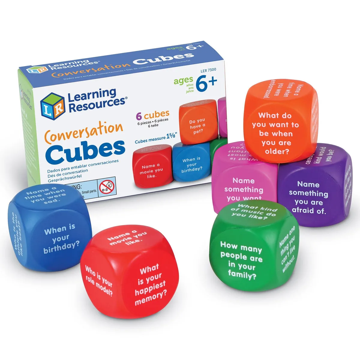 Six soft foam cubes with printed questions