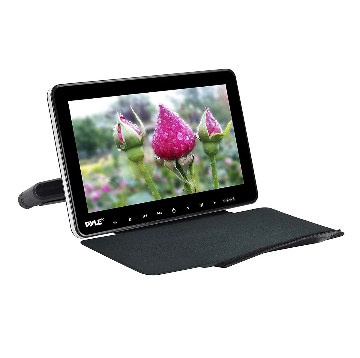 Pair of black headrest-mounted 10.5-inch DVD monitors with wireless headphones