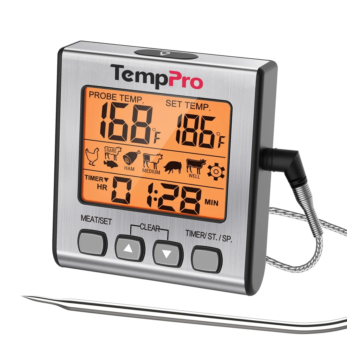 Light silver digital thermometer with wired stainless steel probe and LCD display