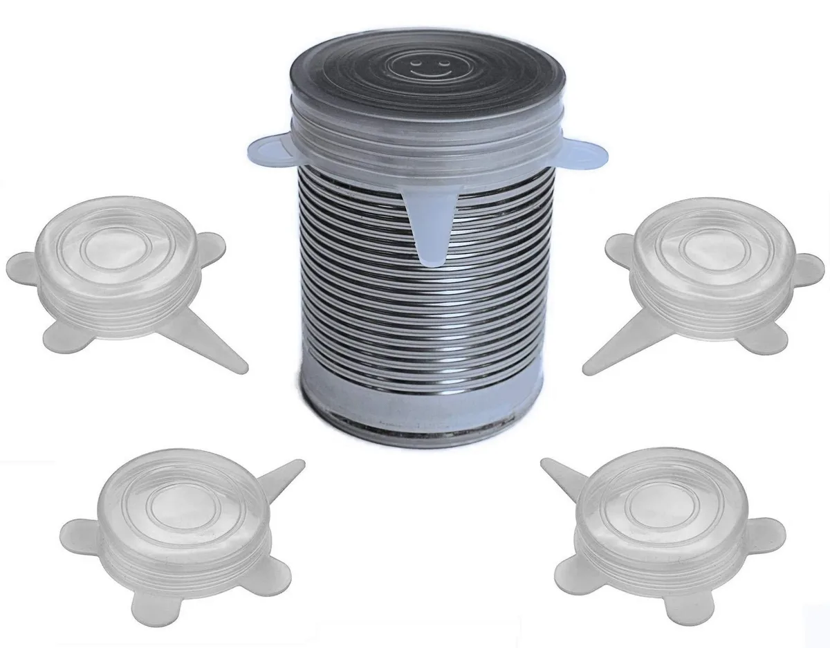 Four clear stretchable silicone can lids 2.6 inch diameter