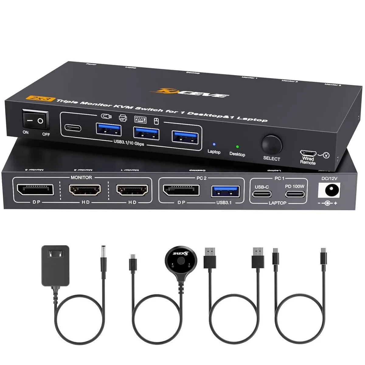 Hitoor Hitoor USB-C DP Triple Monitor KVM Switch 1 Laptop 1 Desktop 4K@60Hz 100W PD MST Wired Remote — product photo