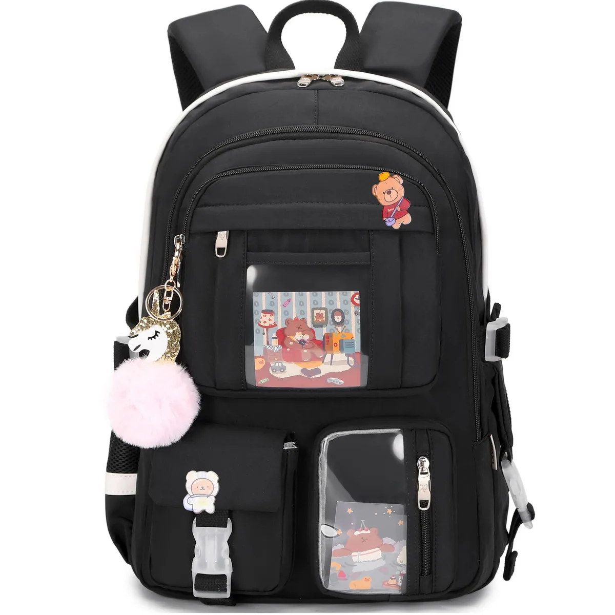 Black 16 inch laptop backpack with fluffy ball pendant, nylon polyester fabric, padded straps, multiple compartments