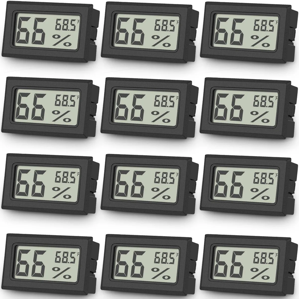 Twelve small square digital thermometer hygrometers with LCD screens