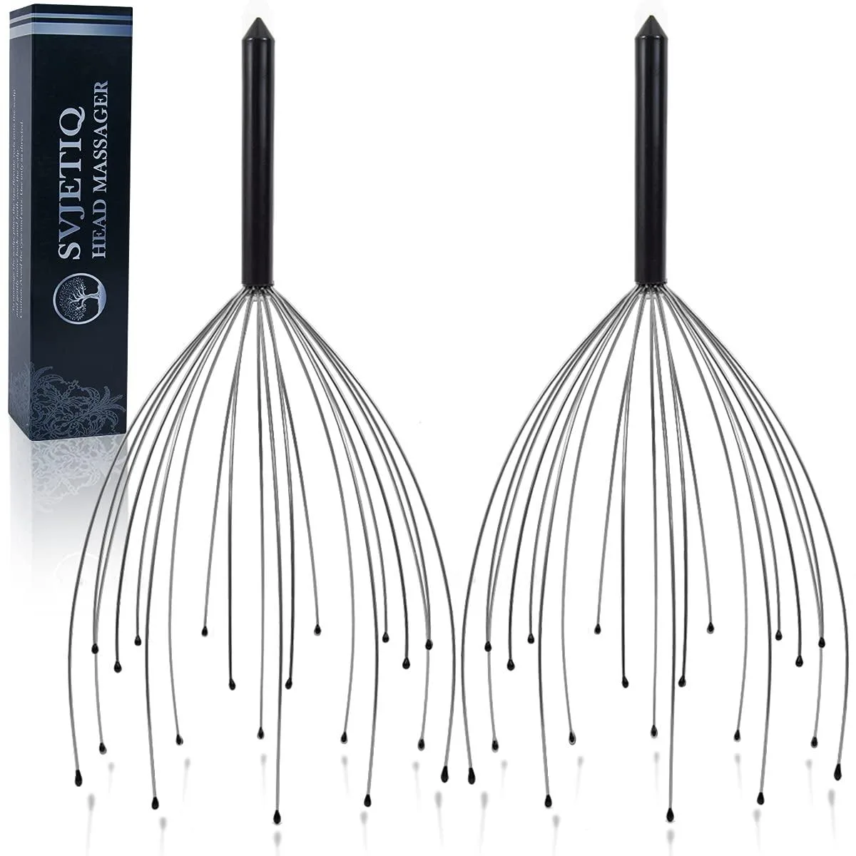 Two black handheld scalp massagers each with twenty flexible metal fingers tipped with rubber beads