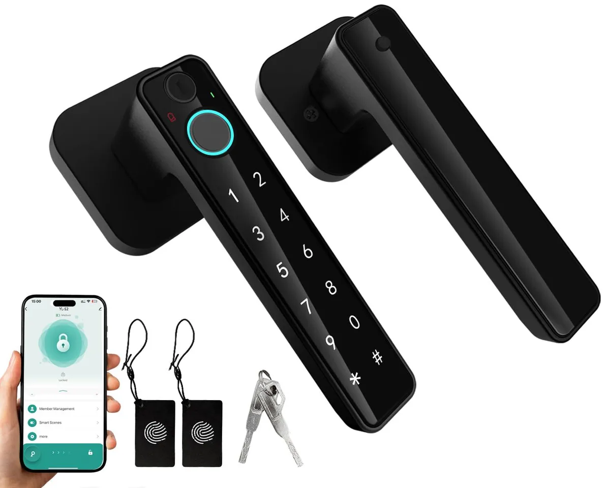 Twelve black biometric door knobs with fingerprint sensors and keypads