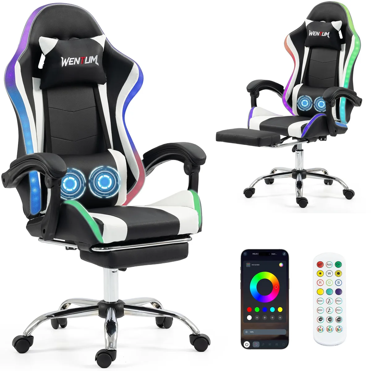 VANBOW VANBOW Gaming Chair with RGB Lighting, Massage Lumbar, Footrest, White — product photo