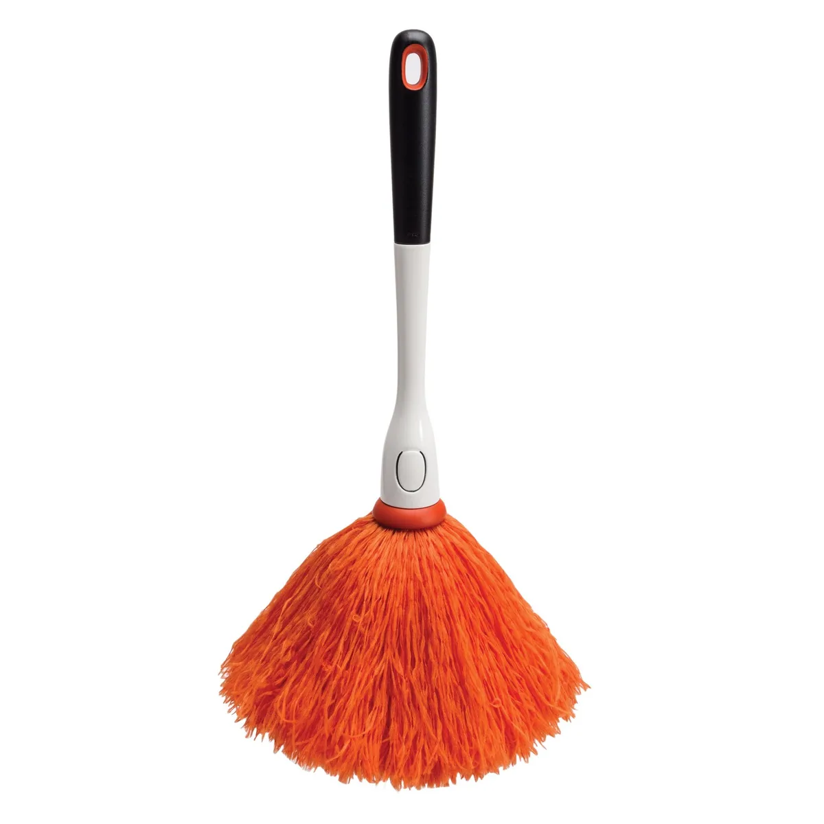 Orange microfiber duster with fluffy head and non-slip handle, 13 inches long