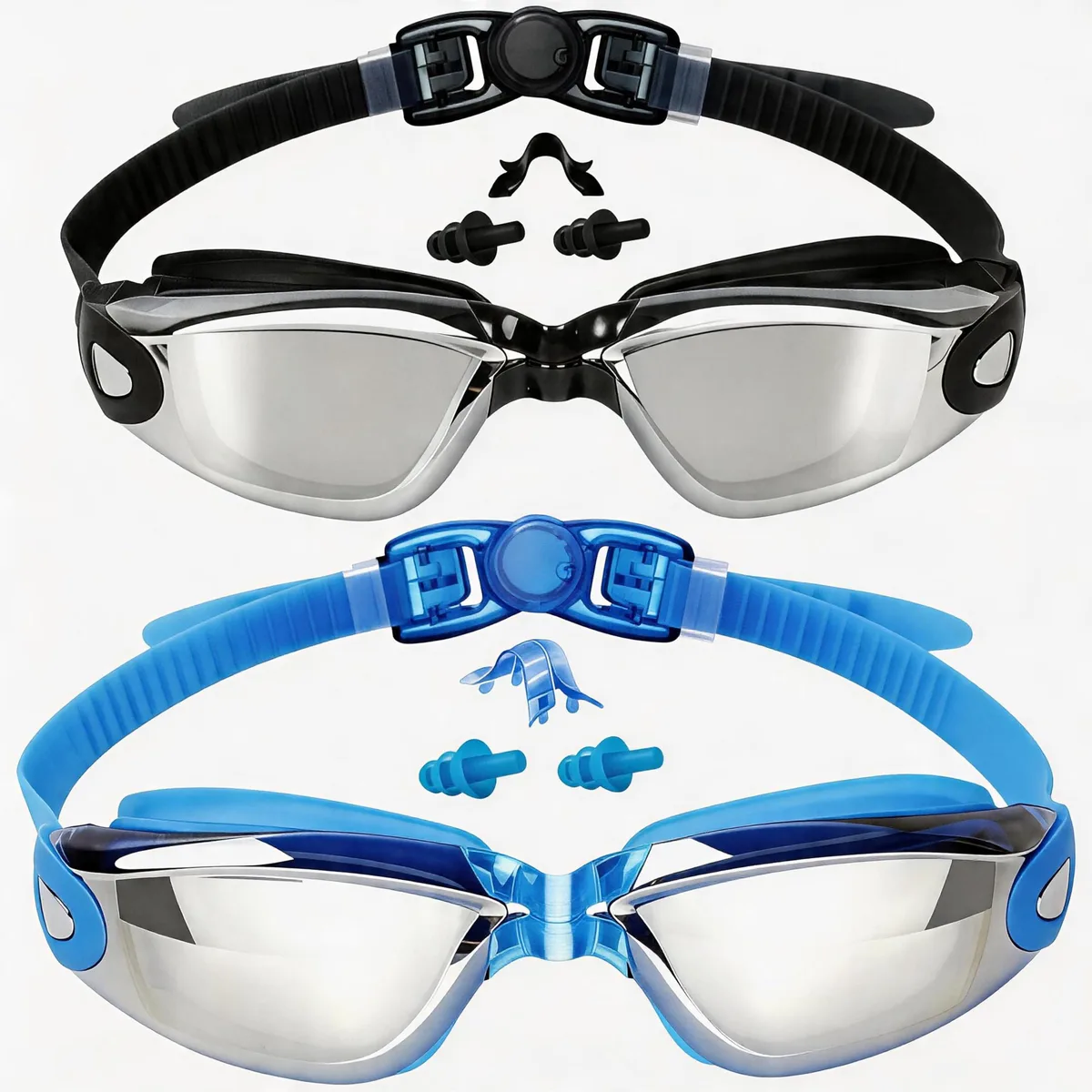  EverSport Kids Swim Goggles 2-Pack Ages 4-16 Mirrored Blue Black — product photo