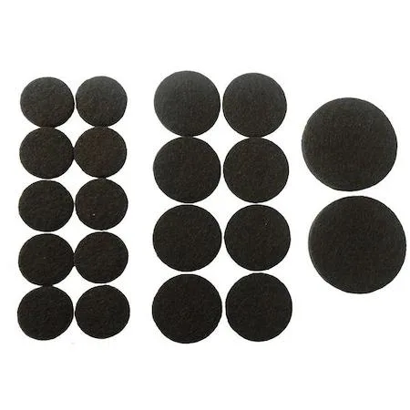 Brown round self-stick felt pads in three sizes on backing sheet