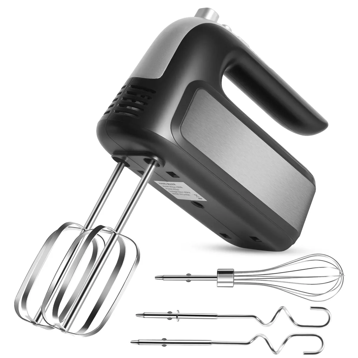 Black handheld electric mixer with five stainless steel attachments