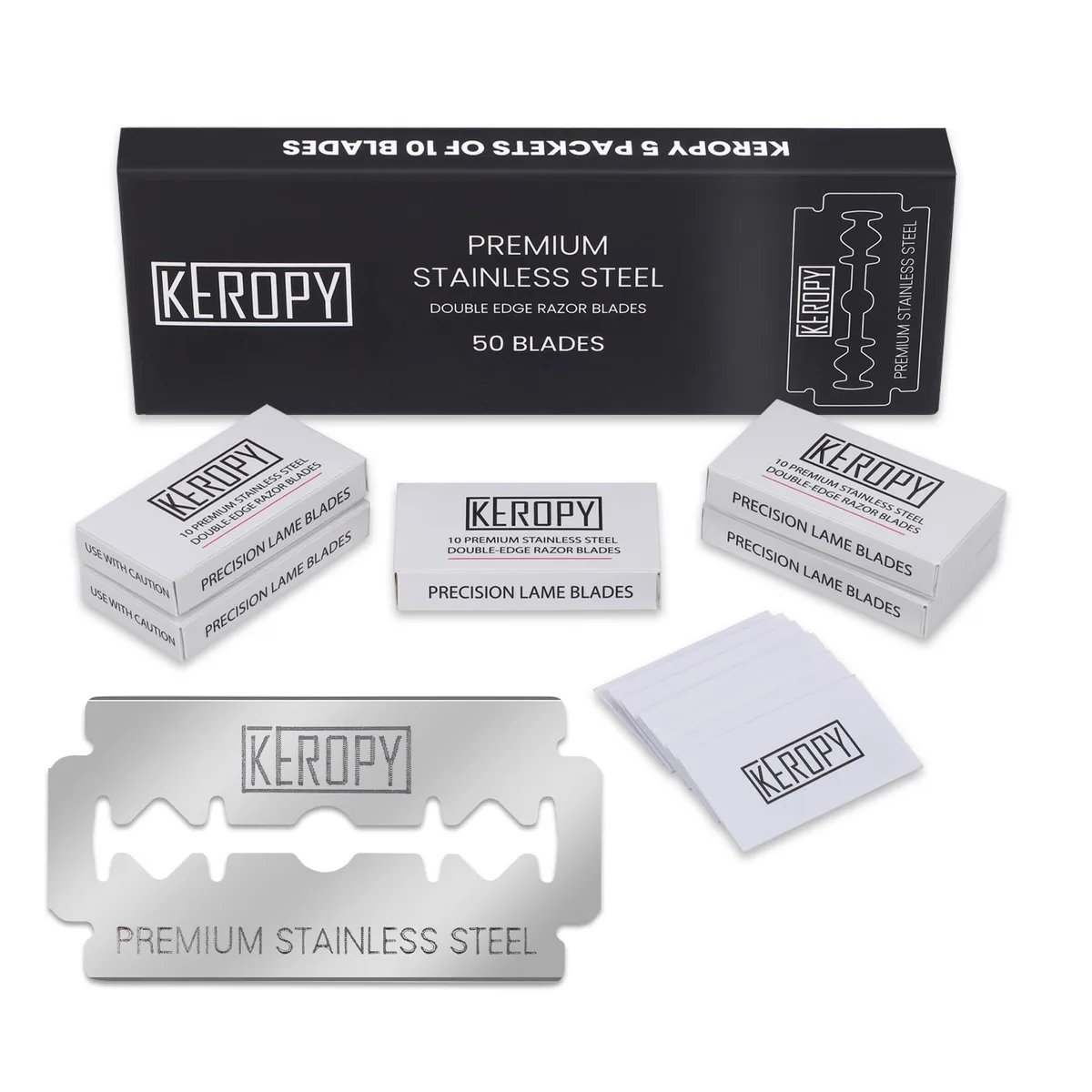 A silver box holding 50 individually wrapped stainless steel safety razor blades