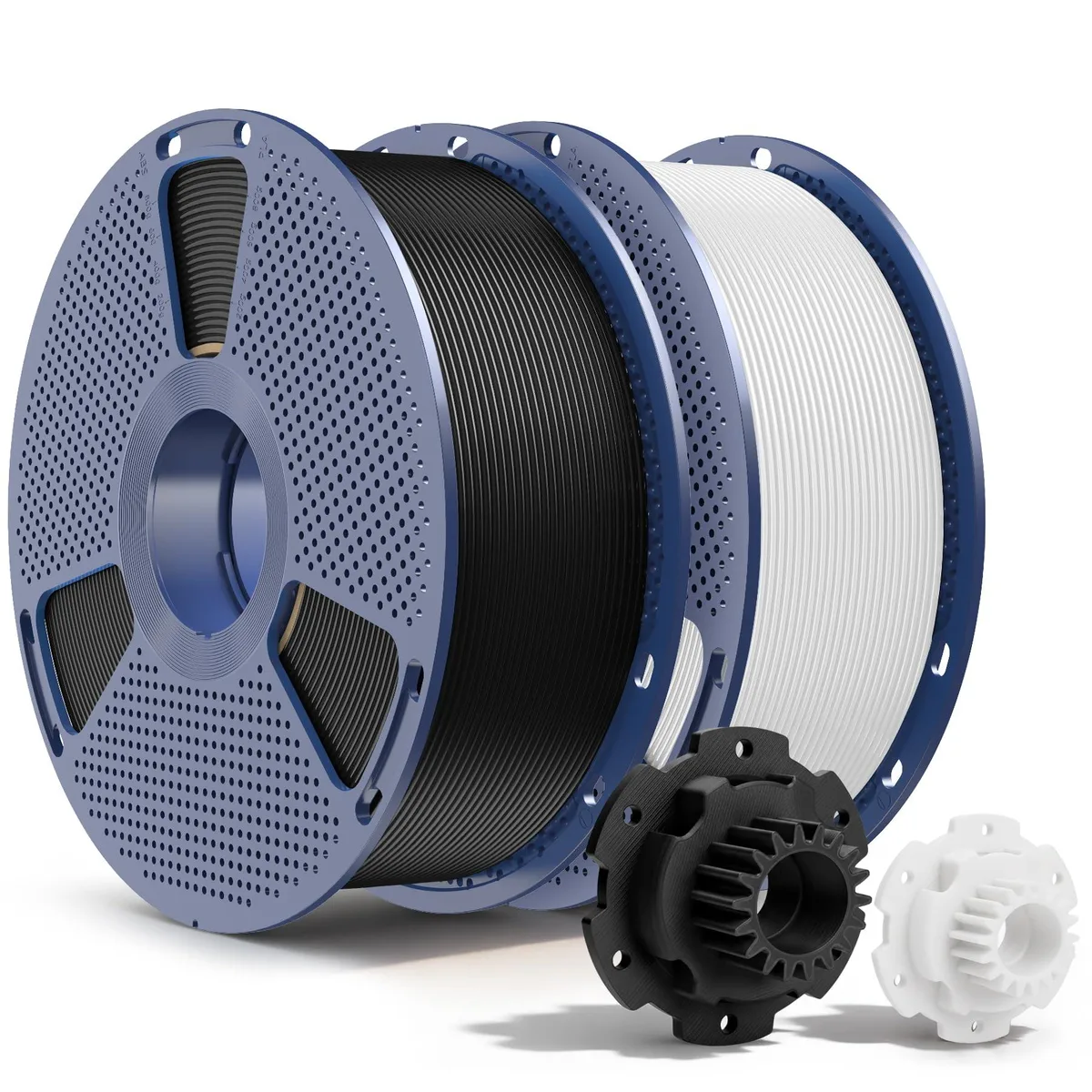 Two 1kg spools of black and white 1.75mm PETG filament in vacuum-sealed bags