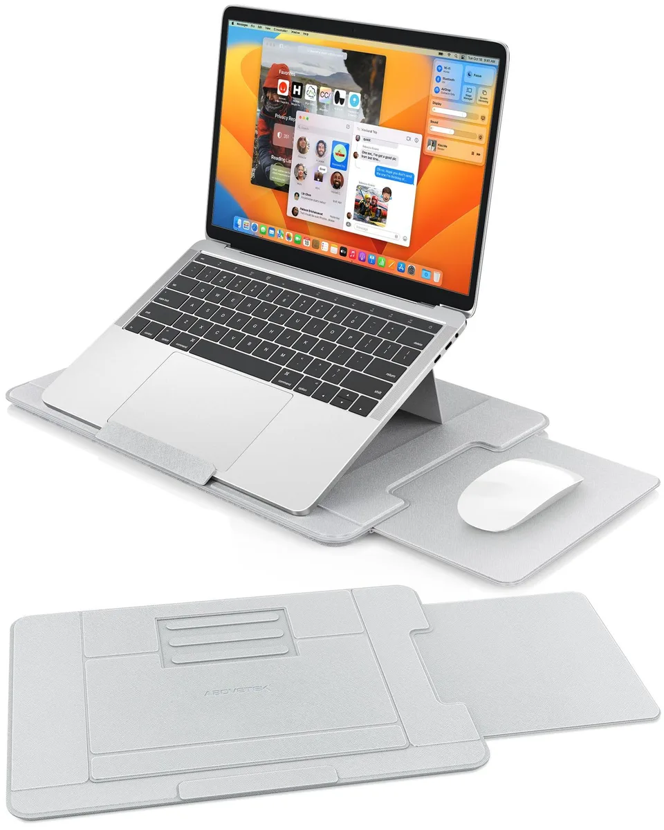 Light gray portable lap desk with retractable mouse pad and textured PU leather surface