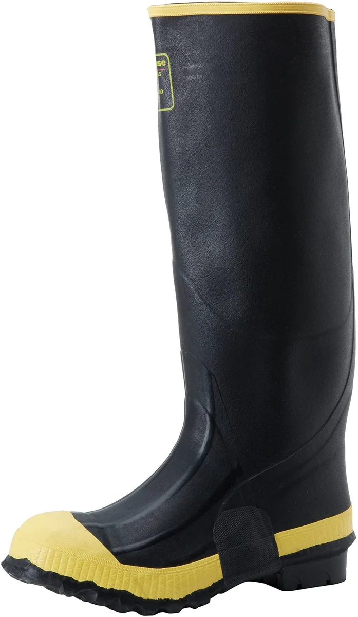 Black knee-high rubber work boot with steel toe and slip-resistant sole