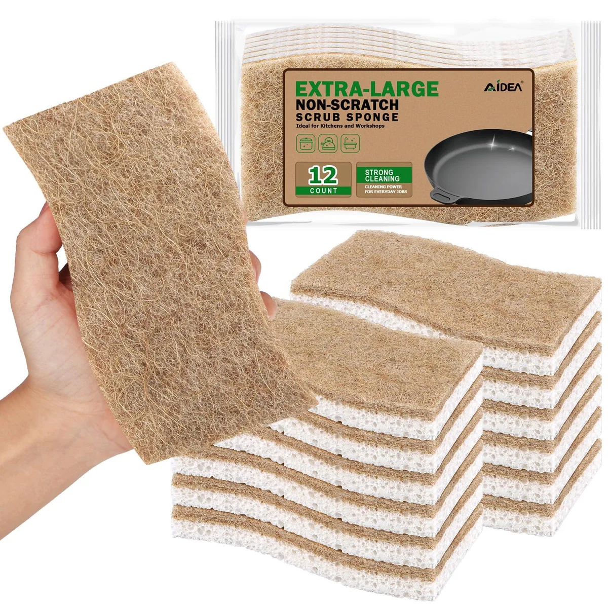Pack of 12 large yellow and green cleaning sponges
