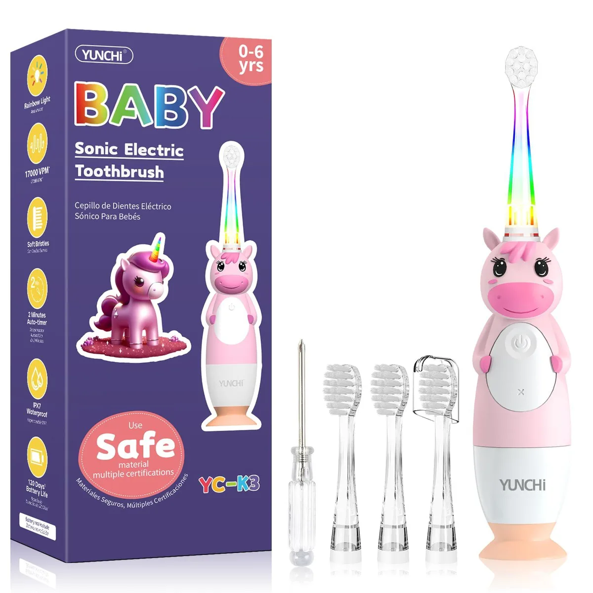 Pink toddler electric toothbrush with unicorn handle and LED light