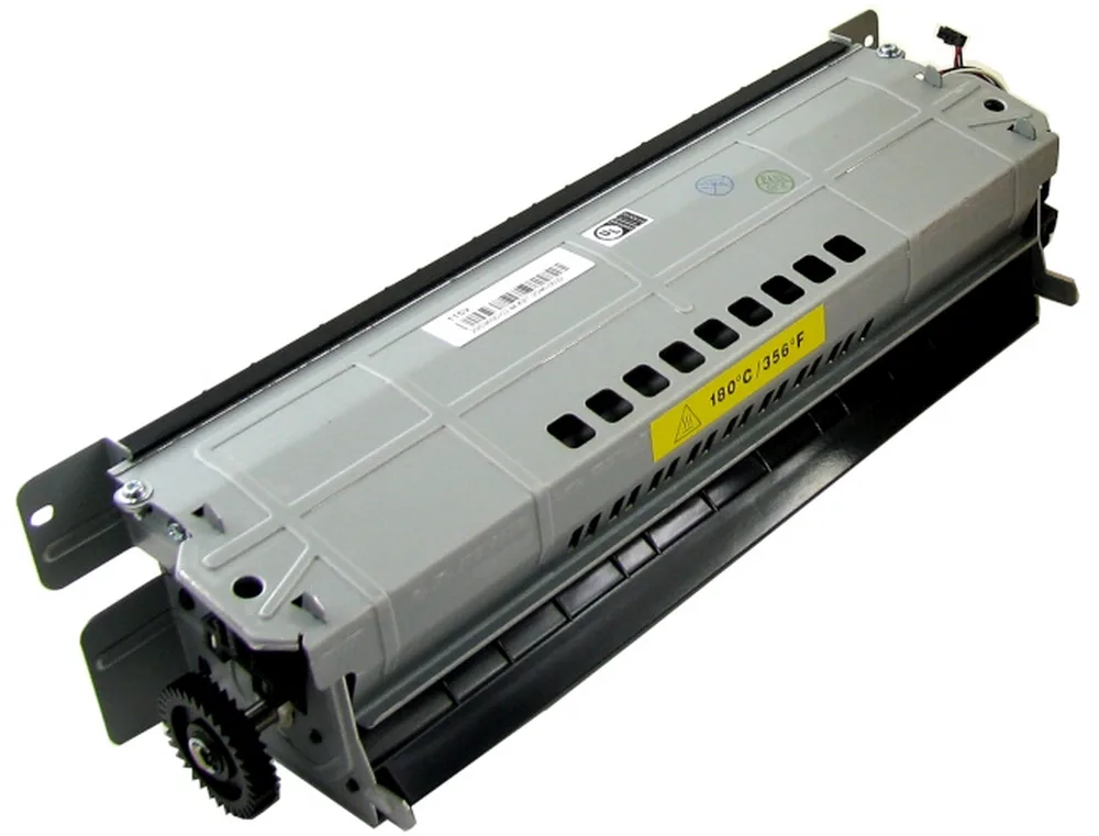 Rectangular Lexmark fuser kit unit, matte black plastic housing with metal rollers visible, 115 V label present