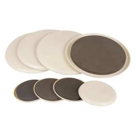 Eight round beige and black self-stick furniture glides in two sizes