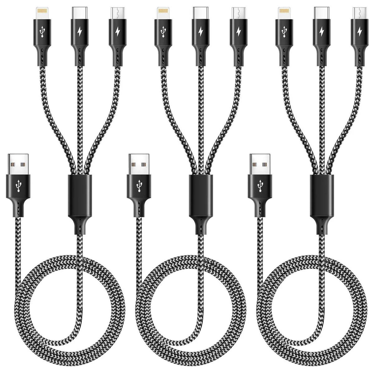 Miimall Miimall 3-in-1 Braided Multi Charging Cable USB-C Micro USB Lightning iPhone 17 16 15 14 13 — product photo