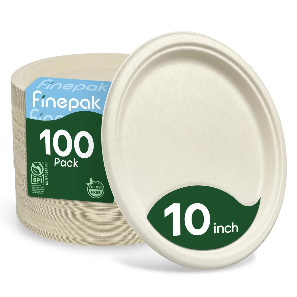 Stack of white rectangular compostable plates with brown rim, 100 count