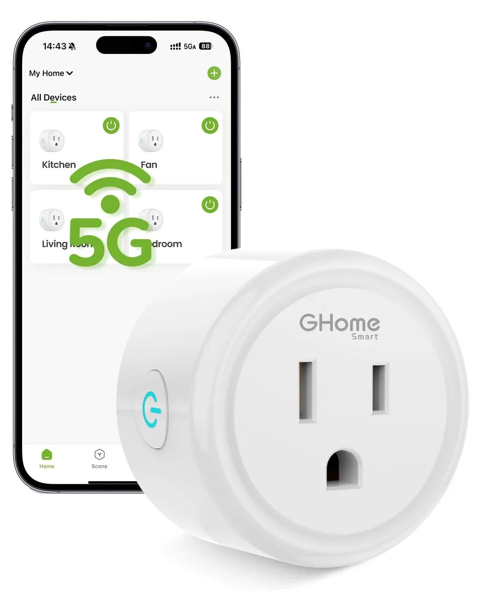 Compact white smart plug, 2.1 by 2.1 by 1.1 inches, push button, wall mount