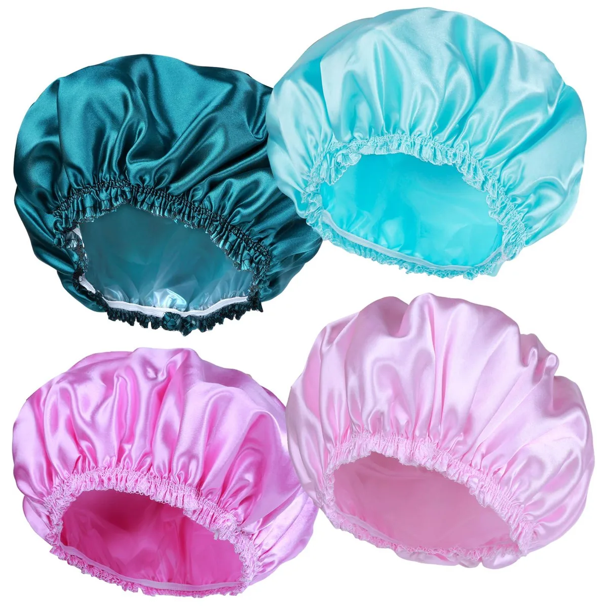 Four reusable shower caps in assorted solid colours with PEVA inner layer