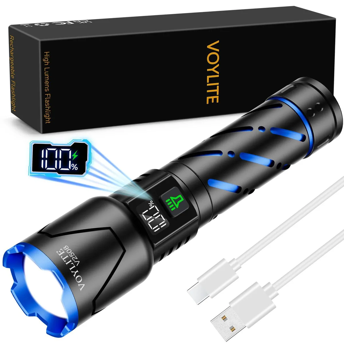 Black cylindrical flashlight with LCD display, USB-C port, and textured grip