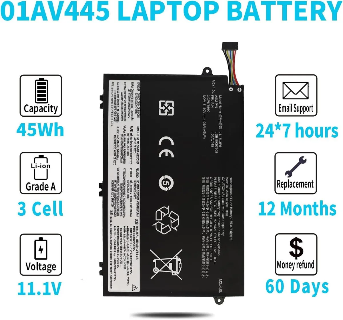 Black rectangular lithium-ion laptop battery pack with label showing 11.1V 45Wh