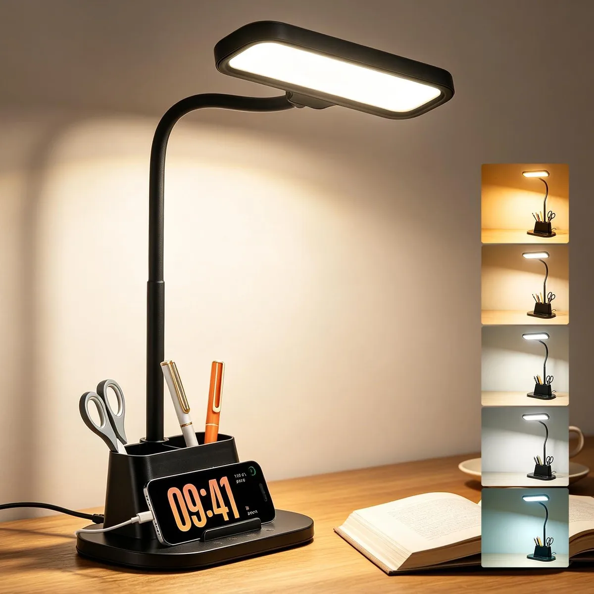 Black rectangular LED desk lamp with pen holder base, flexible gooseneck arm and detachable head