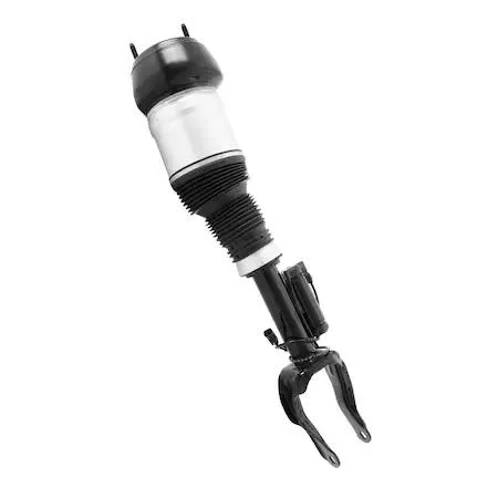 Front right electronic air strut assembly, silver metal body with black rubber boot and electrical connector