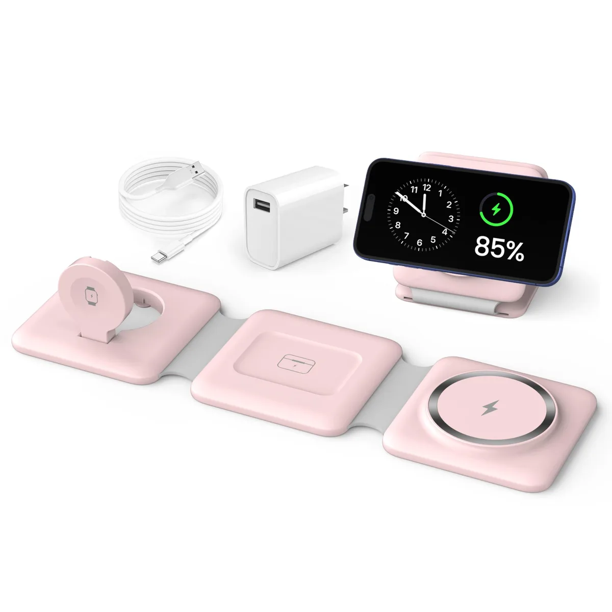 Foldable magnetic wireless charger stand with phone, watch and earbud pads