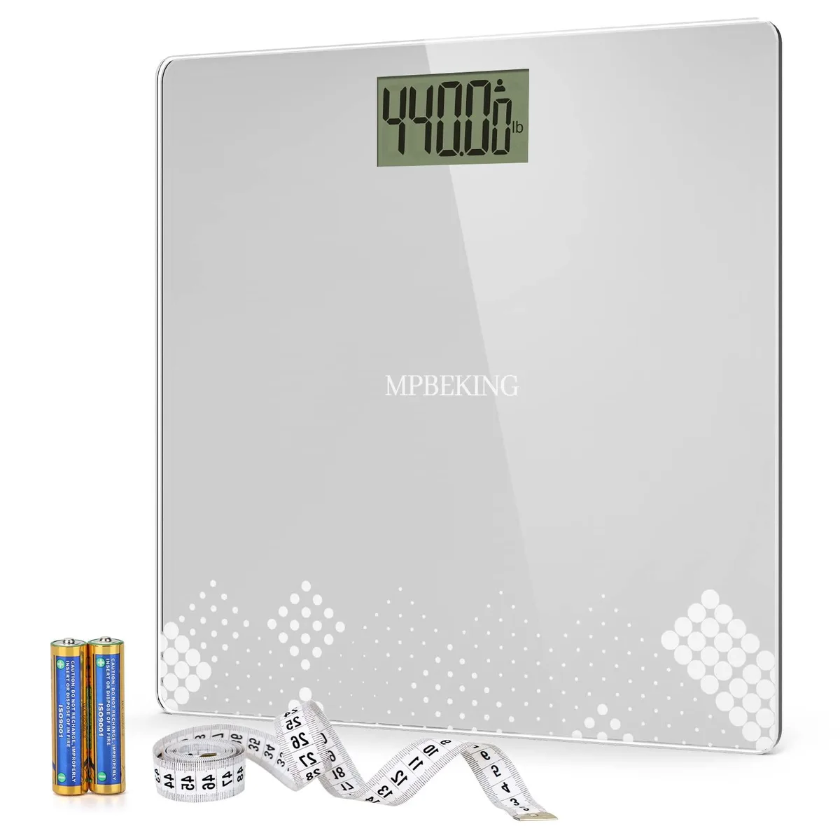 Grey digital bathroom scale with 11.8 inch square tempered glass platform and large LCD display