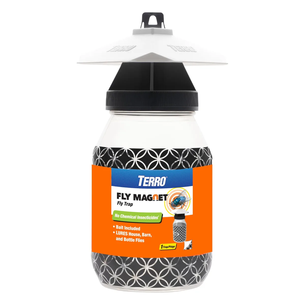 White plastic reusable fly trap with diamond-shaped lid and hanging loop