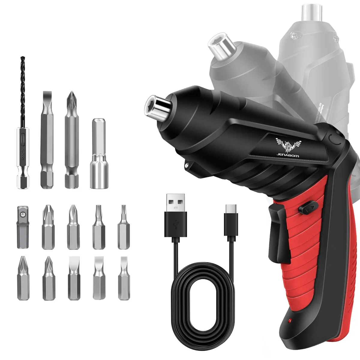 Red cordless electric screwdriver with 14 bits and USB charging cable