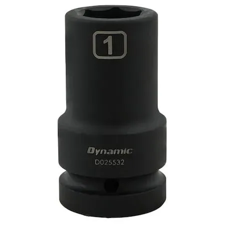 Dynamic 1 inch drive deep socket, black phosphate finish, six-point hex, laser-etched size markings