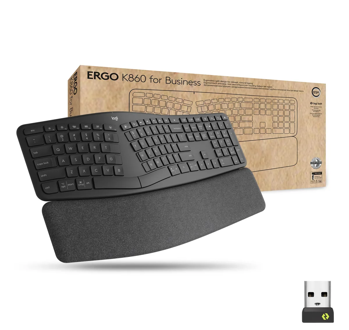 Graphite split ergonomic keyboard with curved keyframe and integrated palm rest