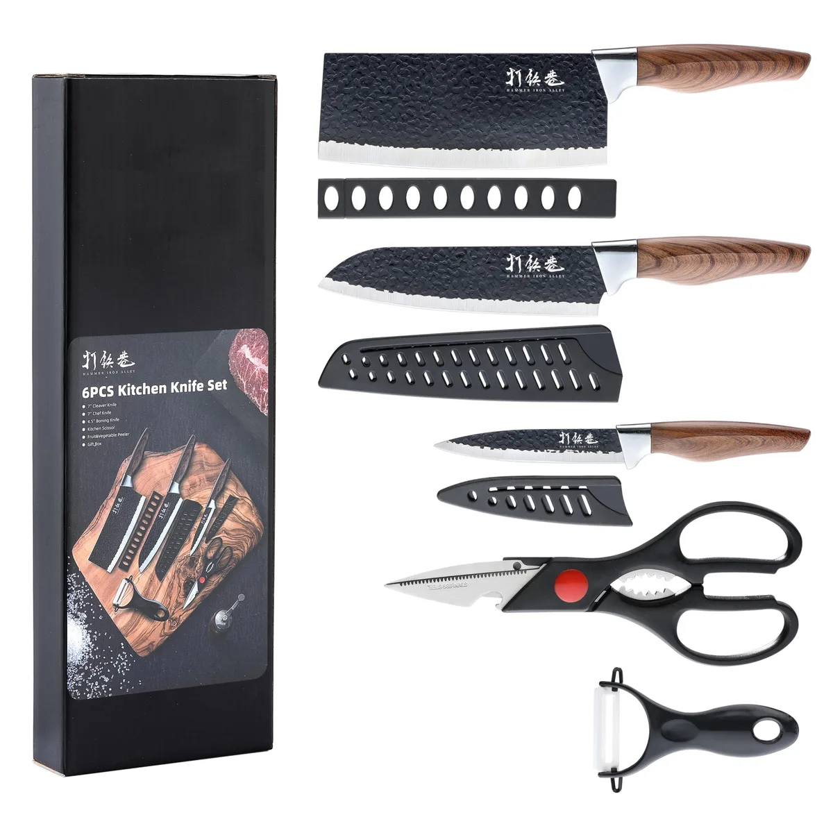 Black 15-piece knife set with cleaver, Santoku, utility knife, scissors and peeler in block