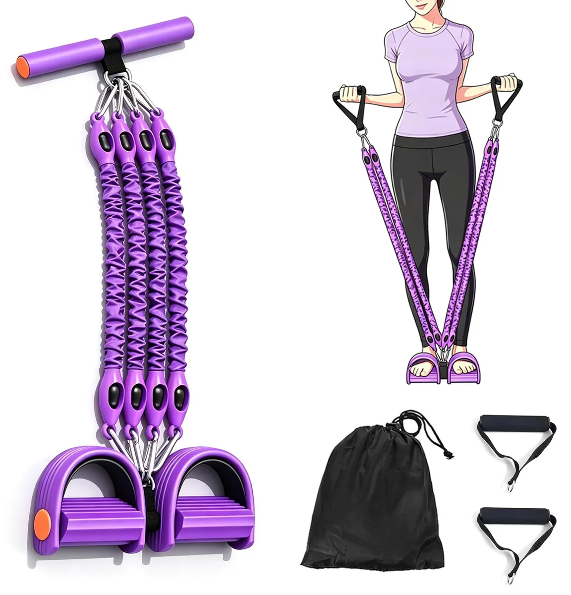 Purple resistance band kit with tubes, handles, foot pedal and storage bag