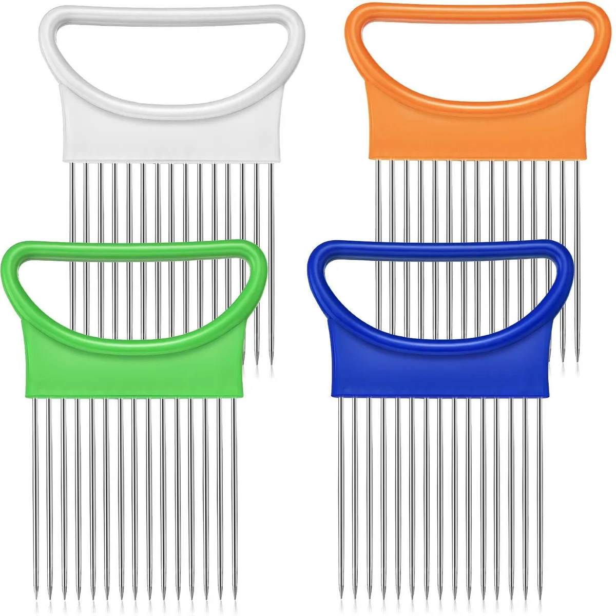 Four coloured onion slicers with stainless steel prongs and plastic handles