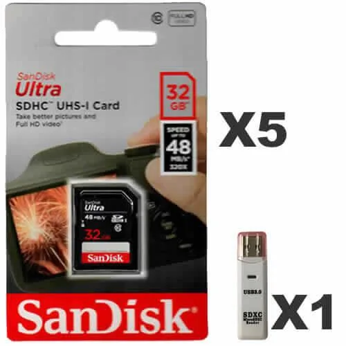 Five SanDisk 32GB SDHC cards and a black USB reader