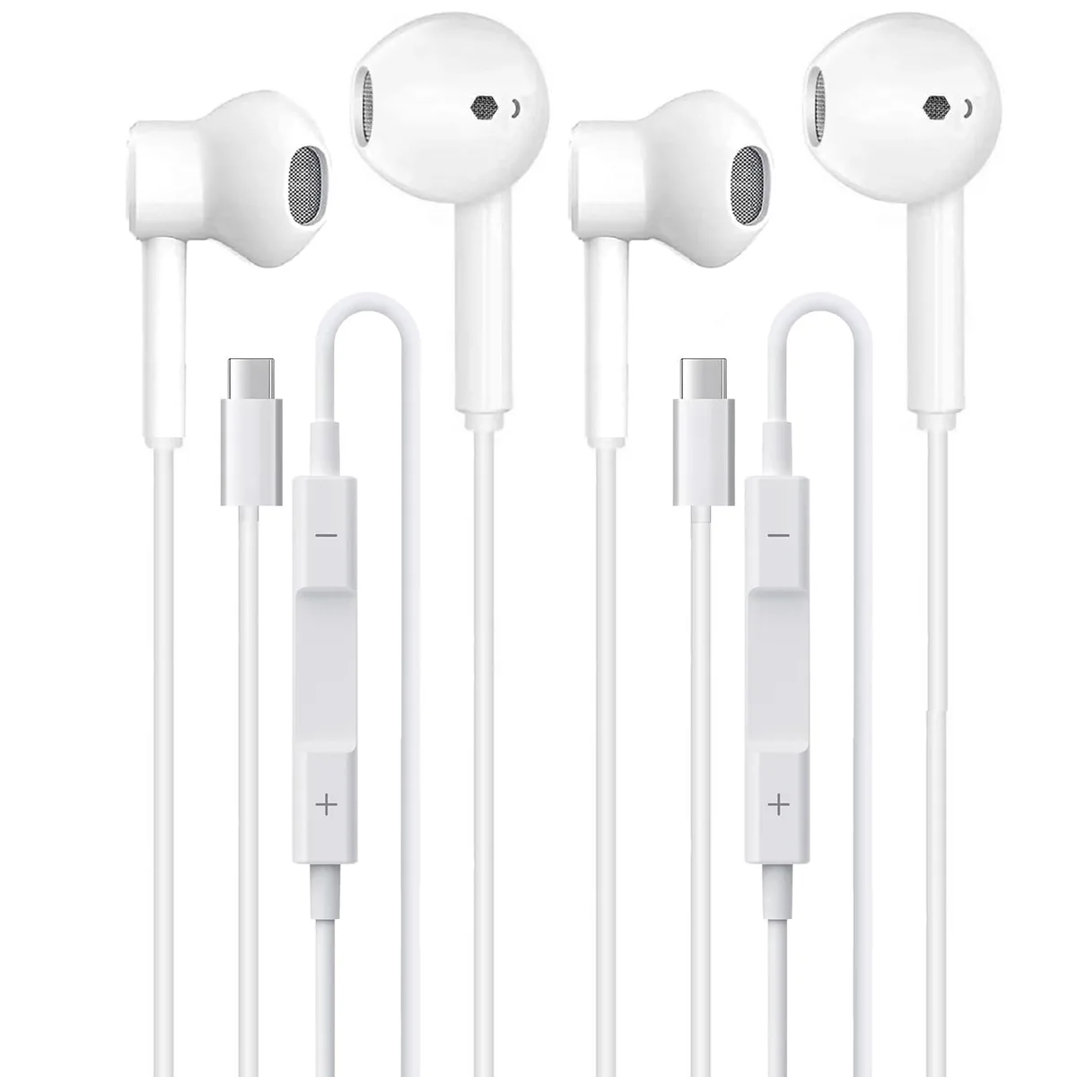 Two white USB-C in-ear earbuds with inline controls