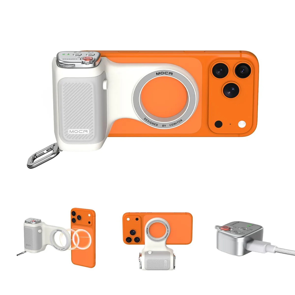 White magnetic iPhone camera grip with detachable remote, silicone handle, built-in keychain and 1/4-inch thread