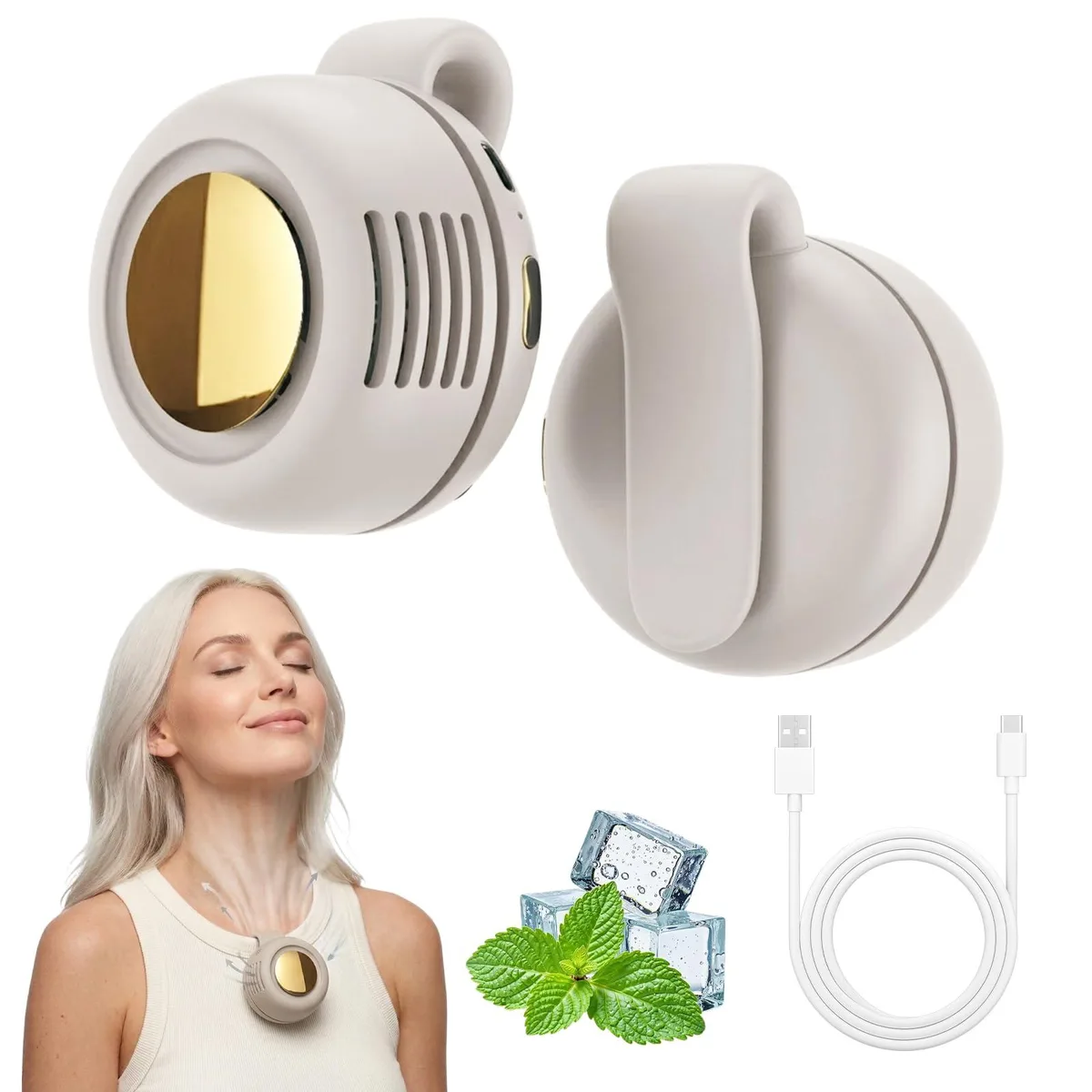 Small matte-white clip-on fan, bladeless oval body with spring clip and Type-C port