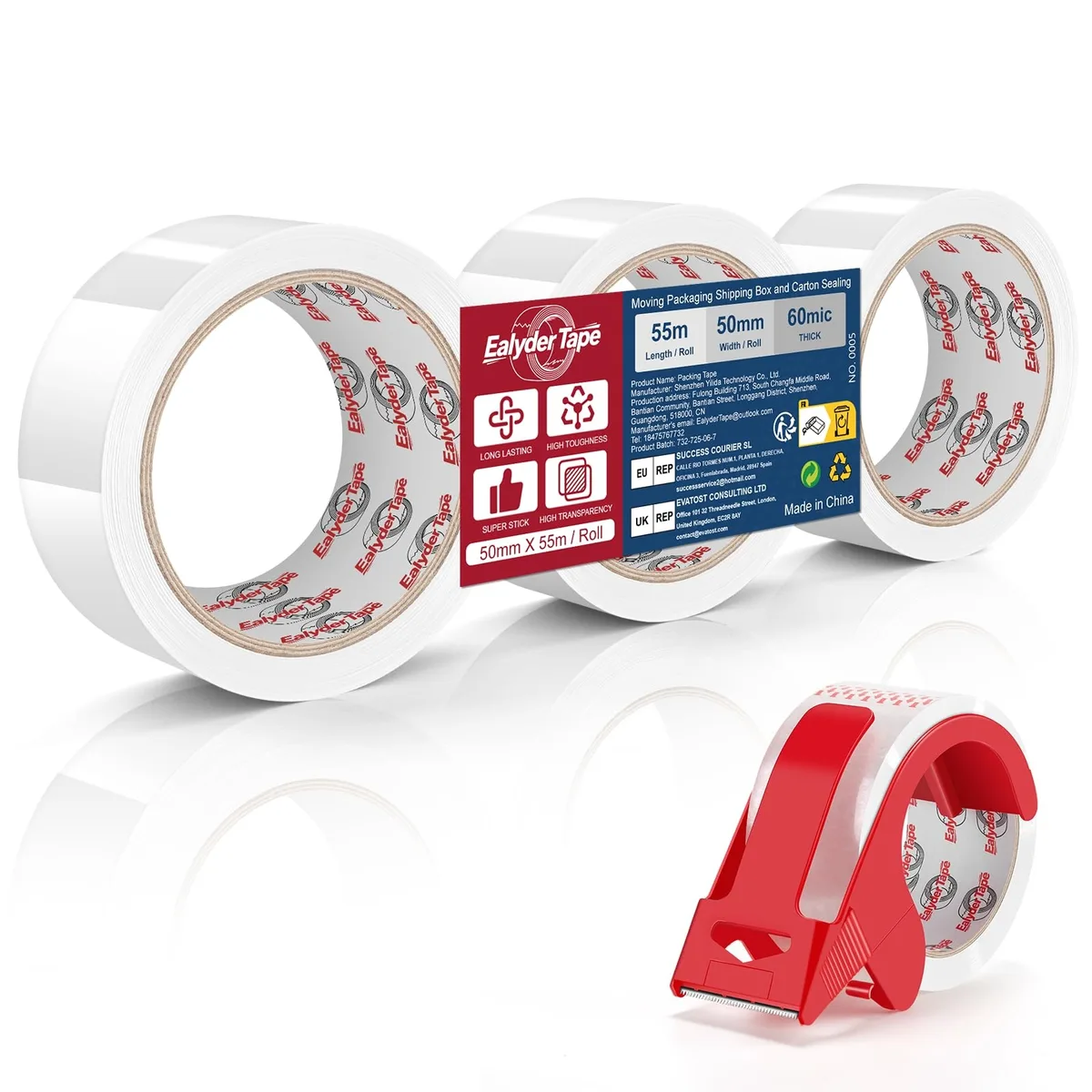 Three clear packing tape rolls with a red dispenser
