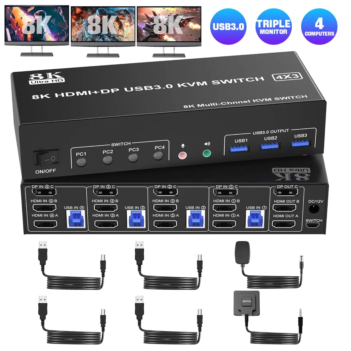 IHDAPP IHDAPP KVM Switch 3 Monitors 4 Computers 2 HDMI 1 DisplayPort 8K@60Hz 4K@144Hz — product photo