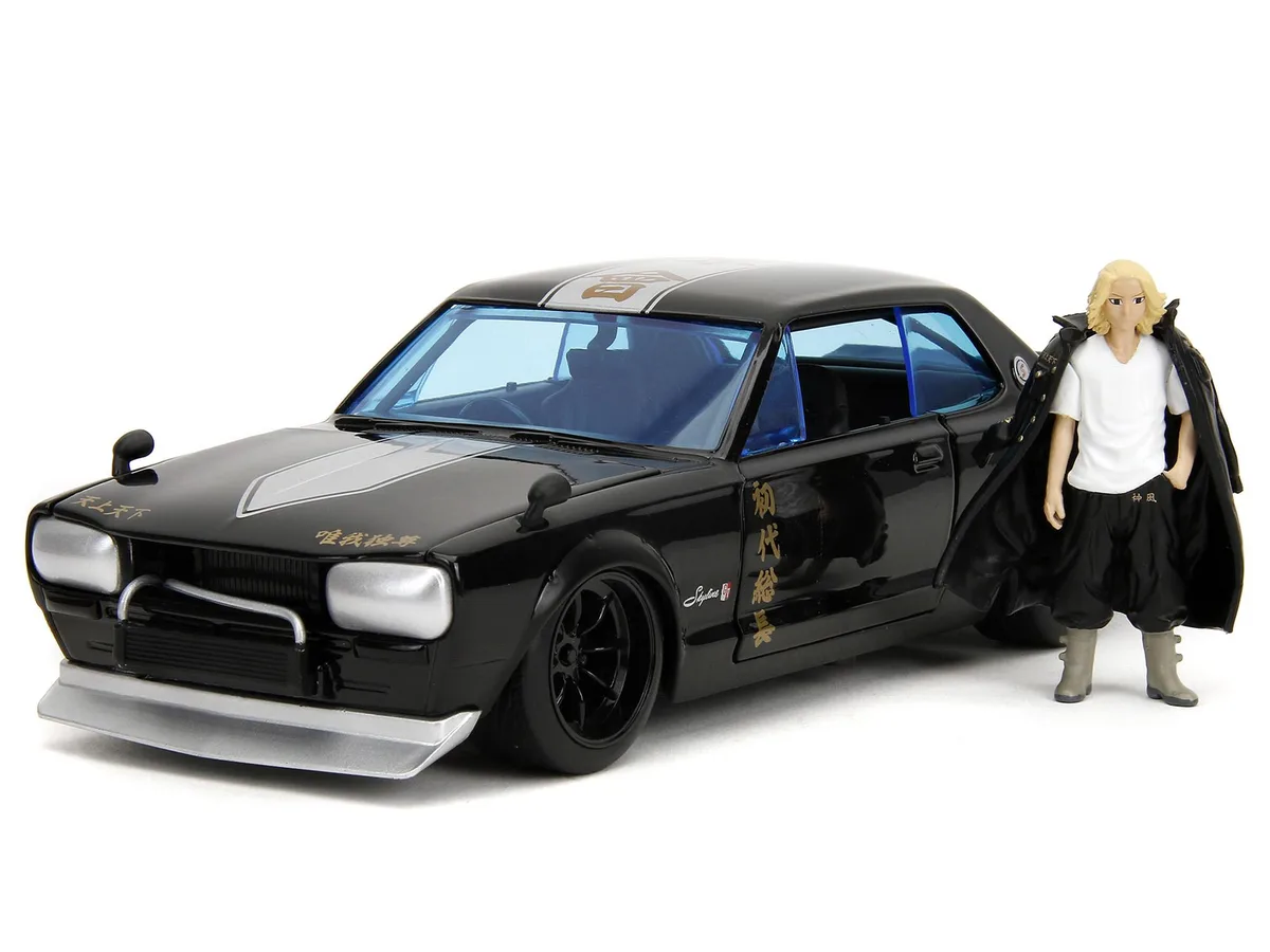 Jada Jada 1971 Nissan Skyline GT-R RHD Black Silver Stripe Mikey Figure Tokyo Revengers 1/24 Diecast Car — product photo