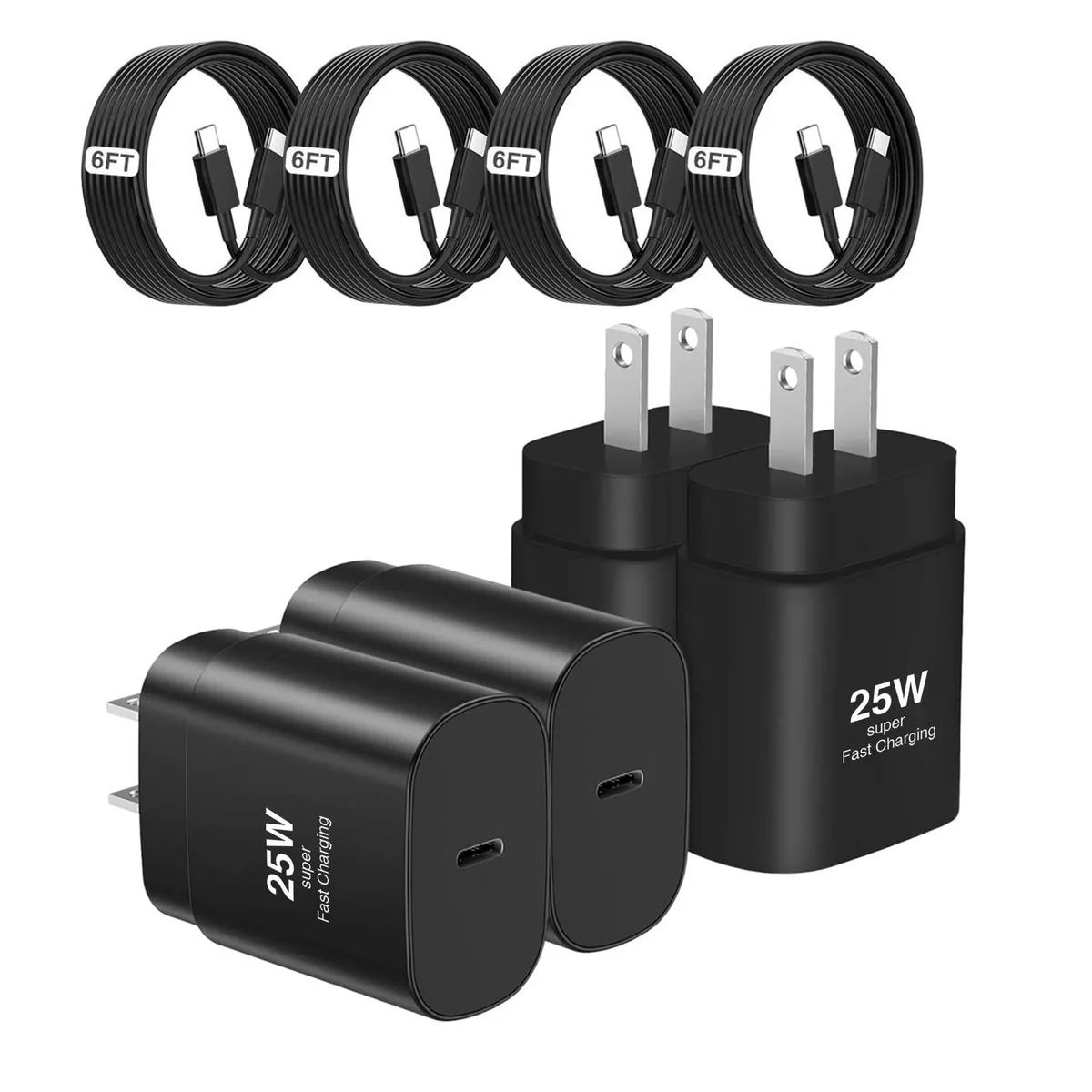 Four black USB-C wall chargers with six-foot cables
