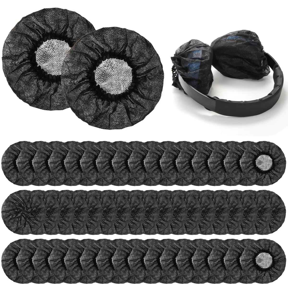 Black disposable ear covers, 300 non-woven fabric pieces, 4.3 inch diameter, stretchable fit for 3.3 to 3.9 inch ear pads