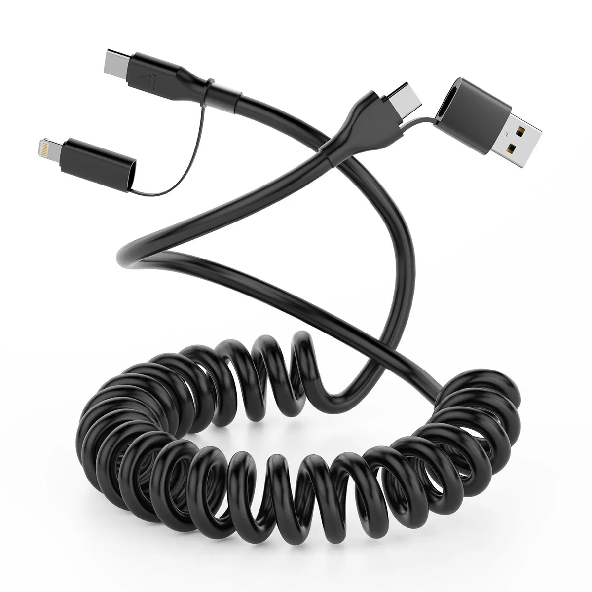  Opluz 4-in-1 Coiled USB-C Lightning Cable 3FT 60W Black — product photo