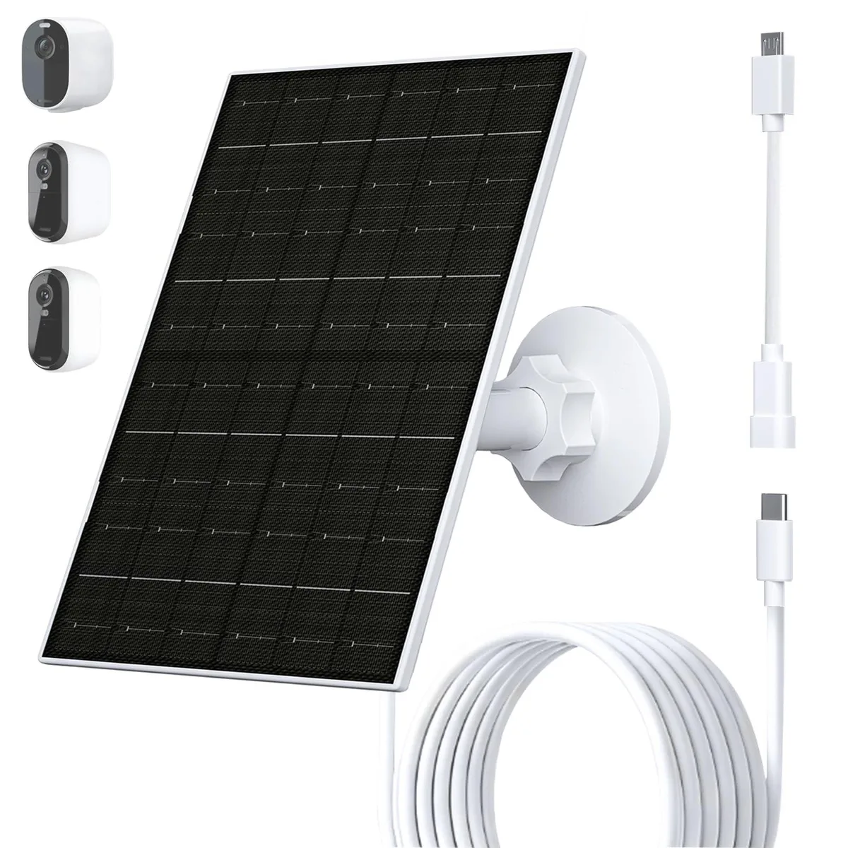 White rectangular solar panel with adjustable stand and long cable